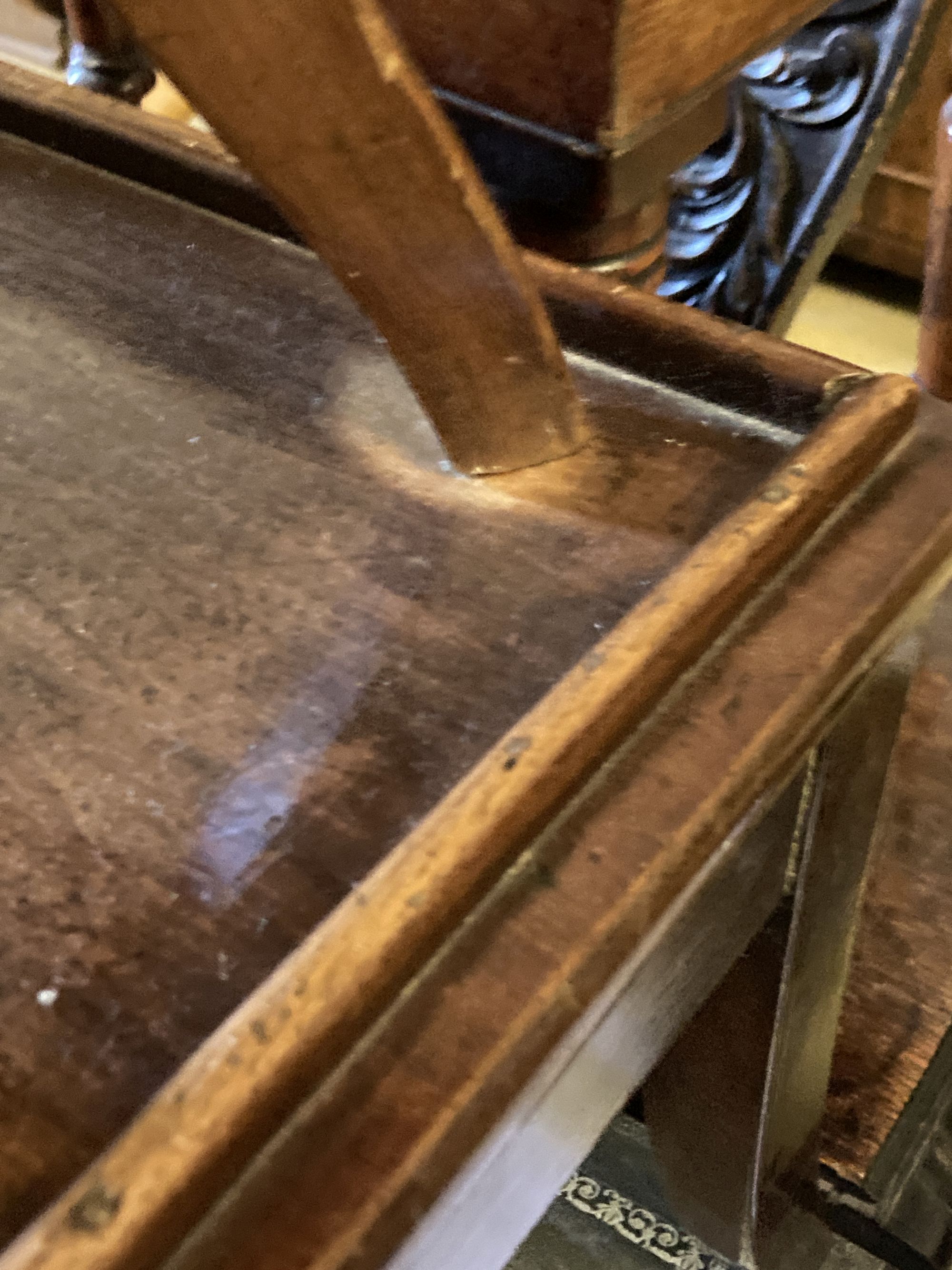 An early Victorian caned mahogany childs high chair on stand, width 42cm, depth 42cm, height 94cm